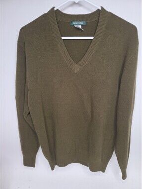 Giordano Vintage Sweater Womens M Green V Neck Pullover Brown 100%  Pure Wool
